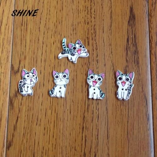 SHINE 50PCs Wooden Sewing Buttons Scrapbooking Lovely Cat Two Holes Five Shapes Mixed Costura Botones Decorate bottoni botoes