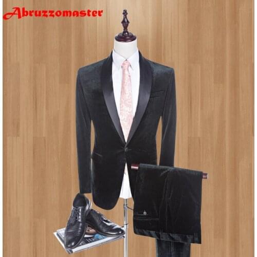 Brand Velvet Men Suits Shawl Lapel Slim Fit Wedding Suits For Best Men 2020 Fashion Smart Casual Mens Tuxedos (jacket+Pant)