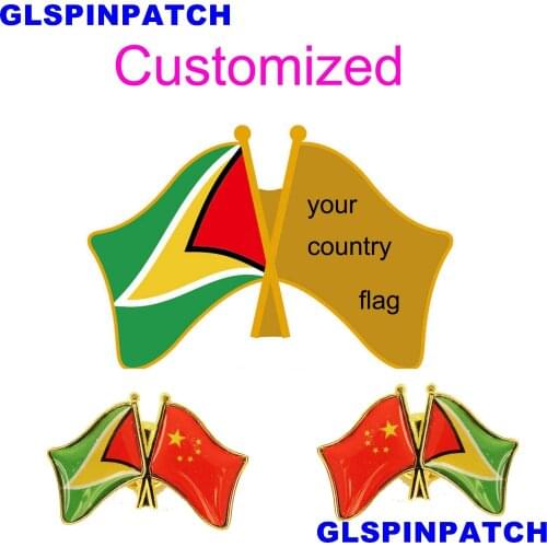 Guyana Crossed Friendship Flag Double Country lapel pin Brooch USA UK France Chile Russia Saudi Arabia Japan Spain Badge