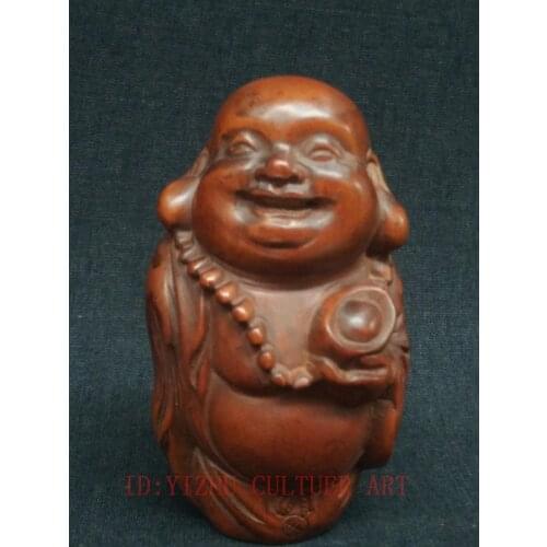 YIZHU CULTUER ART Collection Old China Wood Hand Carved Happy Maitreya Buddha Statue Decoration