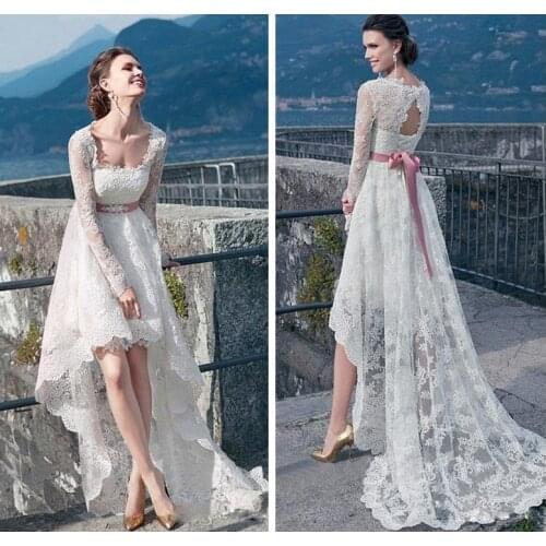2021 Full Lace Long Sleeves Wedding Dresses Scoop High Low Bridal Gowns Asymmetrical Beach With Crystal Sash Vestidos De Mariee