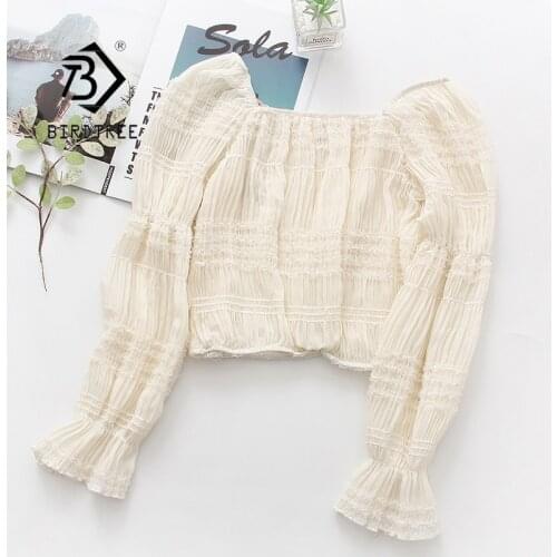 Summer New Women Vintage Square Collar White Chiffon Blouse Puff Sleeve Solid Shinny Short Shirt Korean Sweet Crop Tops T11607F