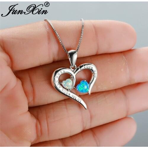 Cute Heart Pendant Blue White Fire Opal Necklaces For Women Silver Color Unique Letter Necklace Wedding Engagement Jewelry