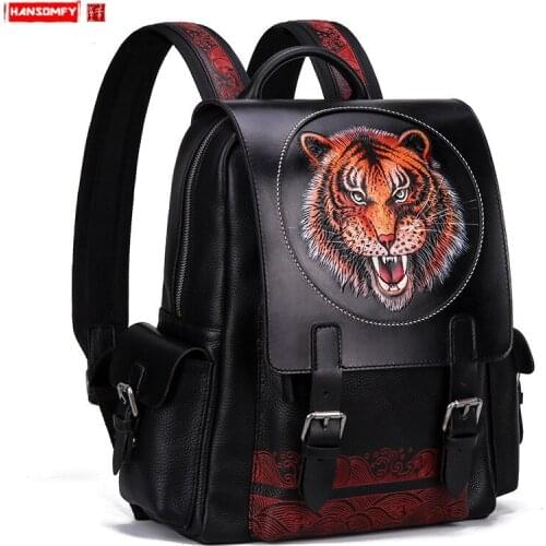 New Mens Backpack Male School Shoulder Bag Laptop Backpacks College Big Bags Tiger Head Hand-carved Leather Top Layer Leather