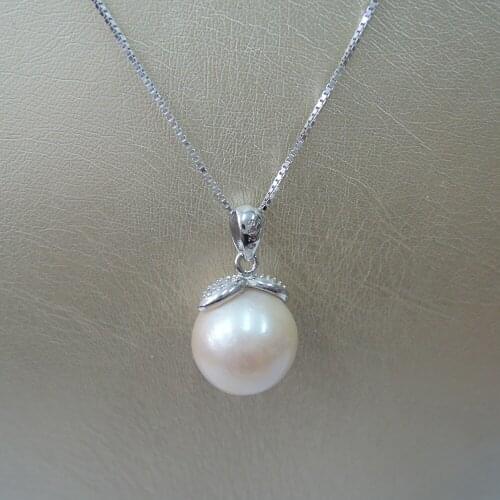 100% nature freshwater near-round pearl necklace with 925 silver chain-AA+ 11-12 MM NEAR ROUND PEARL