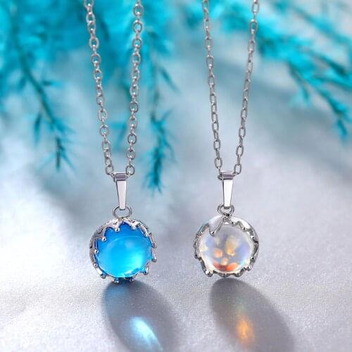 Gradient blue aurora charm necklace silver color neck chains round crystal pendant necklace jewelry for wedding pary gifts