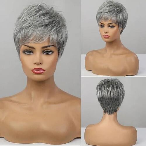 Human Hair Blend Wig Short Straight Grey Hairstyles Straight With Bangs Capless Womens Wigs 10 inch