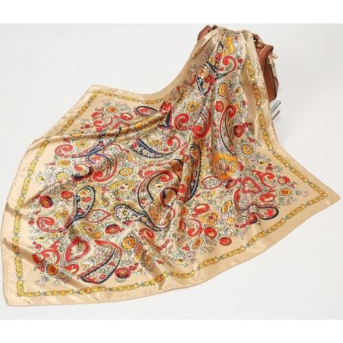 90cm Bohemian Scarf Silk Satin Bandana Women Summer Square Hijab Wrap Paisley Ladies Scarves Muslim Islamic Kerchief Hairband