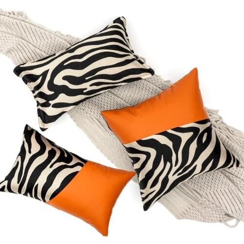 Luxury zebra pattern jacquard patchwork sofa decor cushion cover black brown embroidery PU pillow cover home hotel pillowcase