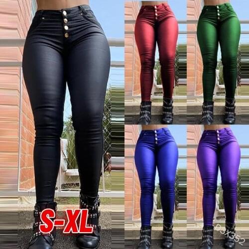 SVOKOR Sexy Pu Leggings S-5Xl Plus Size Ladies High Waist Leather Leggings Slim-Fit Skinny Three-Breasted Trousers Free Shipping