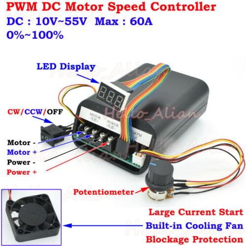 Digital DC12V 24V 36V 48V 60A hho PWM High power DC Motor Speed Controller CW CCW Revesible Switch Built-in cooling fan