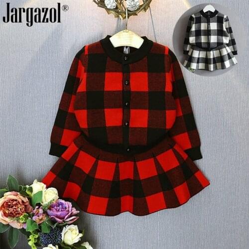 Girls Fashion Clothes Set Long Sleeve Plaid Kinitted Cardigan and Skirt Winter Thick Warm Outfits Baby Clothing Set Outerwear