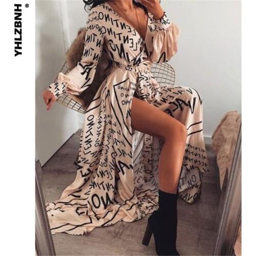 YHLZBNH Autumn Women Boho Printed Floral Long Maxi Dress Female Loose Ankle-Length Empire V-Neck Long Splits Dresses Vestidos