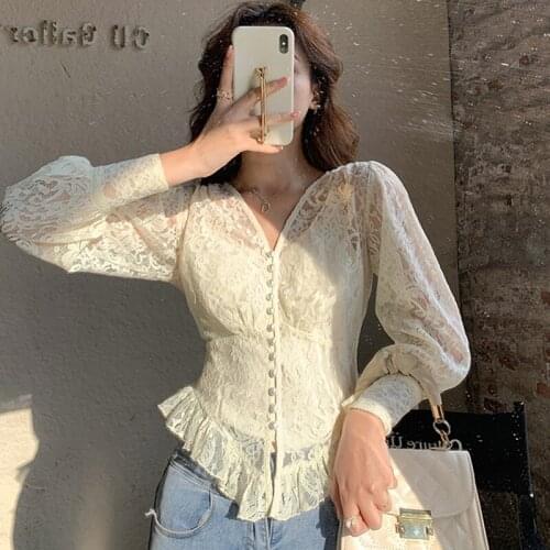 Women Embroidery Lace blouses 2021 Female Long Sleeve Korean V-neck Bottom Shirt Elegant Slim Tops Hollow Out Short Outerwear