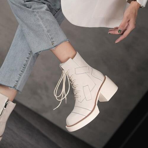 2021 Winter Women shoes Ankle boots Genuine Leather Women Boots Platform Chunky Boots Women Solid Women Shoes High heels shoes