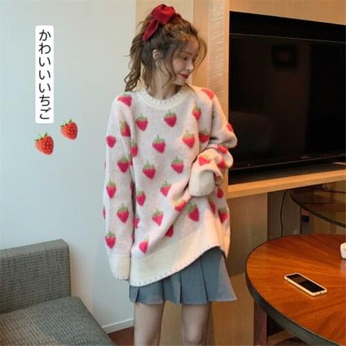 Spring Winter Women Sweater Sweet Lolita Cute Pink Cartoon Strawberry Peach Snowflake Knit Casual Pullover Loose Long Style Top