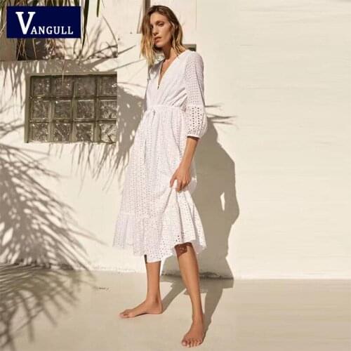 Vangull Women White Dress Elegant Casual Cut work Embroidery Ruffle Midi Female Robe Adjustable Drawstring Waist Party Dress