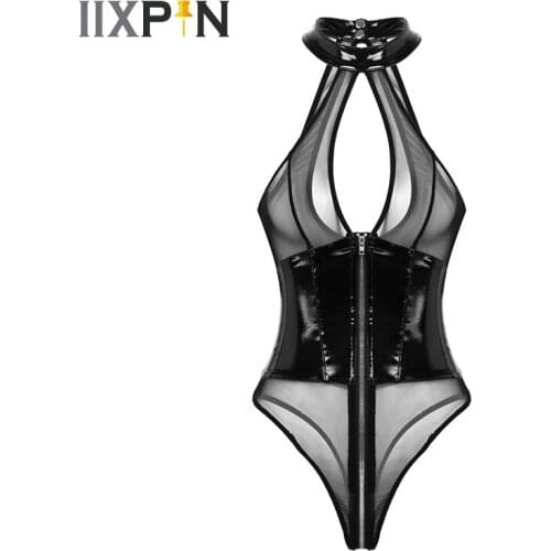 Women Sexy Bodysuit Lingerie Wet Look Patent Leather Sheer Mesh Splice Erotic Lingerie Leotard Bodysuit Sexy Clubwear Nightwear