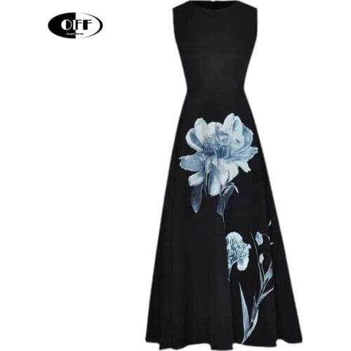 2021 Designer Runway Summer Dresses Women Fashion Sleeveless High waist Floral print Black Elegant Party Midi Dress vestido de