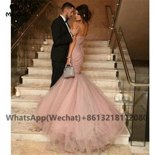 2021 Mermaid Pink Evening Prom Dresses Floor Length Pleat Zipper Back Sweetheart Tulle Robe De Soiree Evening Party Prom Dress