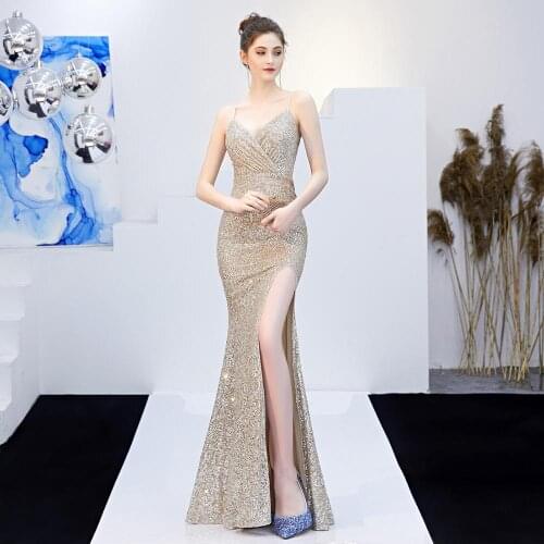 Women Sequined Evening Dress Sexy V-Neck Sleeveless Dresses Backless Mermaid Side Slit Off Shoulder Party Dress Robe De Soiree