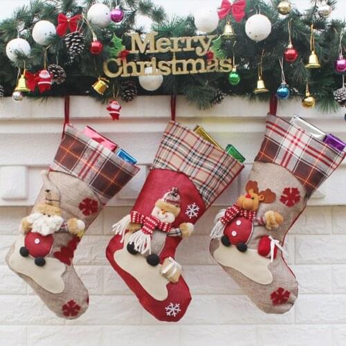 1 pcs Christmas Stockings Socks with Snowman Santa Elk Bear Pendant Decoration Home Living Room Wall Fireplace Ornament