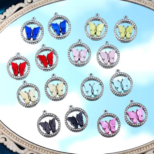 10Pcs/set Silver Color Round With Rhinestone Frame Acrylic Butterfly Charms Pendant DIY Jewelry For Earring Making Accessories