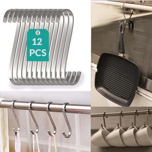 12pc Punch-free Stainless Steel Hook Bathroom Kitchen Towel Brush S Type Flat Hook Hanging Basket Anti-drop Non-marking Hook