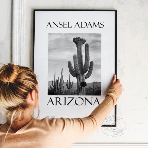 1984 Ansel Adams Vintage Arizona Museum Exhibition Poster, Murky Grey Cactus Art Black White Poster, Retro Nordic Wall Art Decor