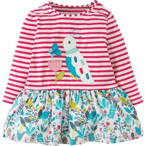 2021 Summer Sleeve Dress For Girl Baby Clothes Stripe Funny Dresses WIth Embroidery Bird