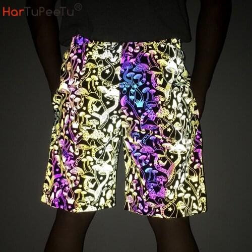 2021 Summer Knee Length Pants Men Mushroom Print Rainbown Reflective Shorts Night Sport Jogging Workout Shorts with Mesh Lining