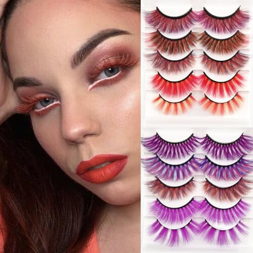 3D Color False Eyelashes Hand Made Natural Long Imitation Mink Fluffy Style Eyelash Extension Makeup Colorful Eyelash 5 Pairs