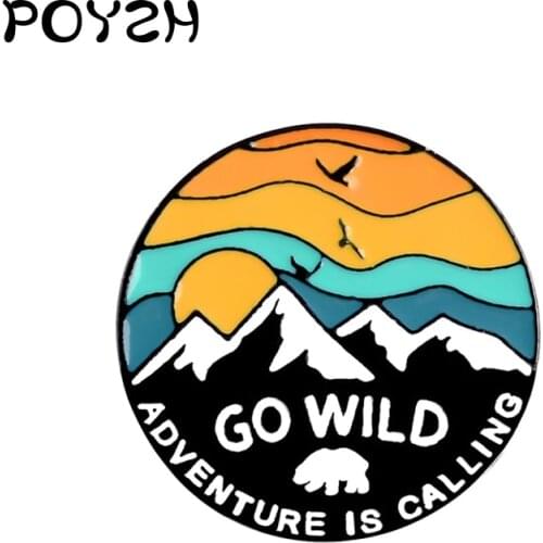 Polar bear GO WILD Enamel Brooch ADVENTURE IS CALLING Round badge SnowMountain sunset Seagull travel knapsack Lapel Pin Jewelry