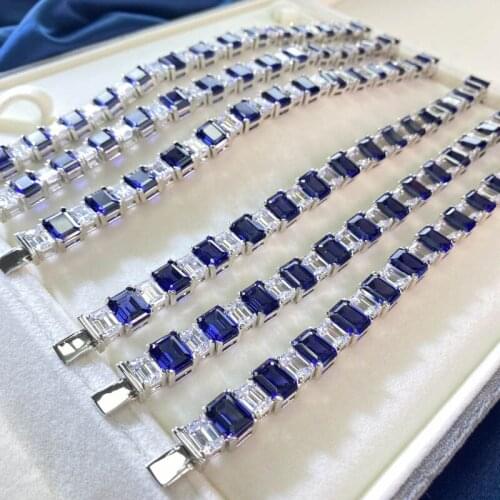 S925 Sterling Silver Bracelet European and American elegant temperament fashion single row inlaid geometric Sapphire Bracelet