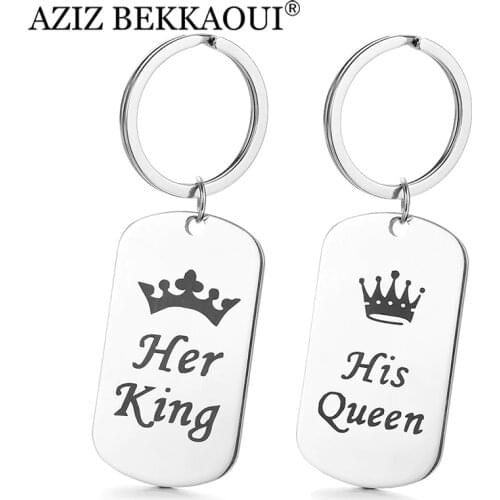 AZIZ BEKKAOUI King & Queen Keychains Engrave Name Dog Tag Stainless Steel Pendant Key Ring Fashion Logo Couple Jewelry Gift