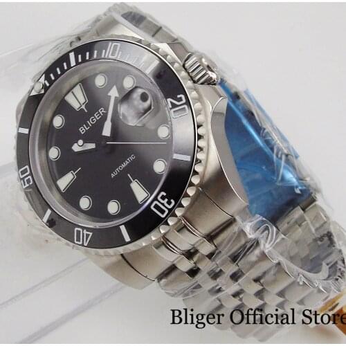 BLIGER Brand Black Mechanical Men Watch Sapphire Crystal MIYOTA Movement Jubilee Bracelet Rotating Bezel