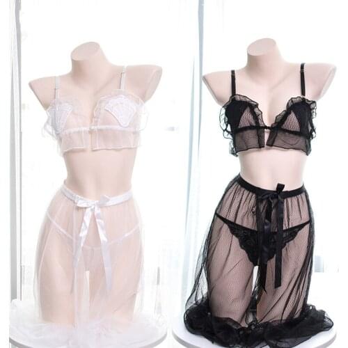 Ms Mermaid Shell Pattern Bra & G-string Panties & Skirt Set Lingerie Set Exotic Apparel Color Black & White