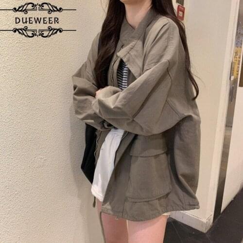DUEWEER Trench Coats Women Spring Oversize Outwear Loose Solid Trendy Casual Ins Cargo Simple All-match Chic BF Korean Style