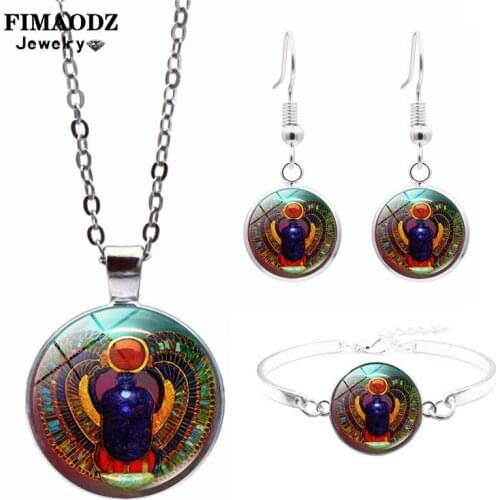 FIMAODZ Egyptian Scarab Jewelry Sets Symbol of Strength Retro Beetle Glass Pattern Necklace Earring Bracelet Set for Women Gift