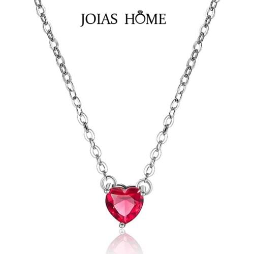 JoiasHome Classic Heart shaped Ruby Pendant Necklace for Women Fashion Silver 925 Jewelry Gemstones Clavicle Chain Girl Student