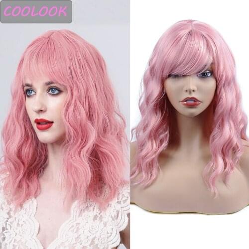 Short Bob Pink Wig Water Wave Womens Wigs with Bangs Heat Resistant Synthetic Fibre False Hair Natural Wavy Cosplay Lolita Wigs