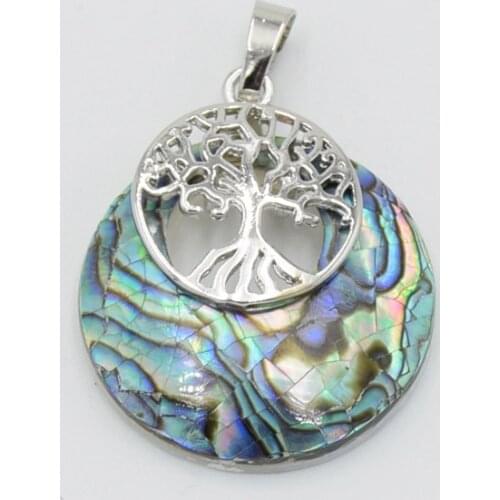 Round Natural Stone Peace Buckle Hollow Tree of Life Charm Pink Crystal Abalone Shell Necklace Pendant for Women Accessories