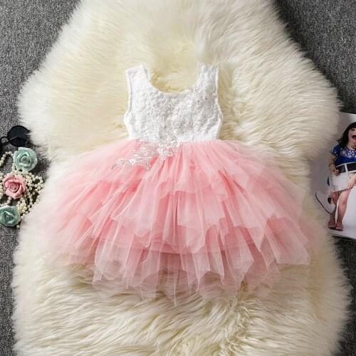 Summer Beading Girl Dress 2021 White Backless Girls Teenage Princess Dress Irregular Tutu 2-6 Years Pink Children Dresses Pink