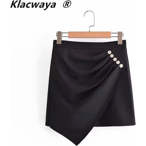 Klacwaya Women 2021 Spring New High Waist Mini Skirt Chic Irregular Button Skirts Office Lady Solid Zipper A-line Slim