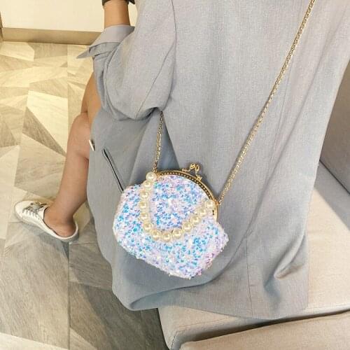 Fashion Sequin Clip Buckle Pearl Hand-held Shell Bag For Women Design Evening Bag Wedding Party Bride Clutch Shoulder Bags Purse