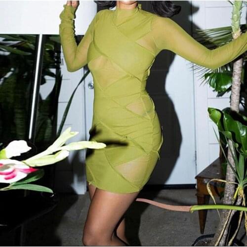 Fashion Tea Green Sheer Mesh Patchwork Club Chic Dress Autumn Newest Full Sleeve Fabric Criss-Cross Bodycon See-through Clothing