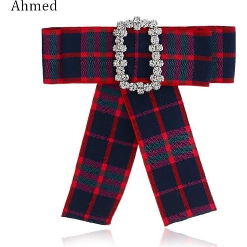 Ahmed Fashion Square Rhinestone Stripes Ribbons Bow tie Brooches for Women New Design Charm Cosage Collar Jewelry