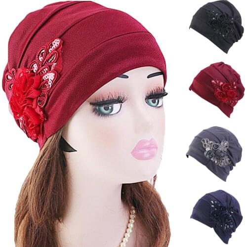 Muslim Women Bonnet Hat Flower Turban Chemo Cancer Cap Islamic Head Scarf Caps Wrap Hair Loss Hats Beanies Skullies Arab Fashion