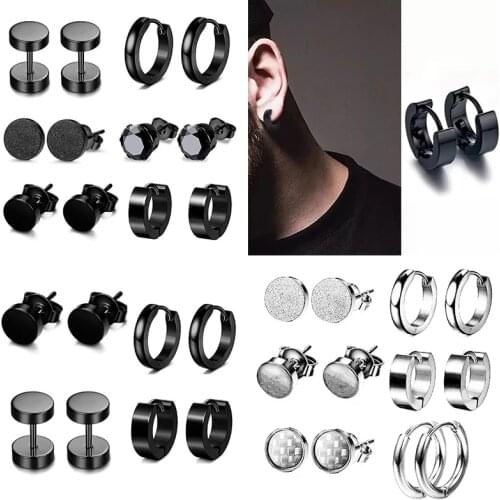 8/12/14/16pcs Stainless Steel Black Stud Earrings Mens Punk Earring Set Jewelry Gothic Multi Stud Earring Set Unisex Gift