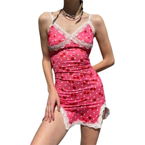 Sexy Spaghetti Strap Mini Dress Women Split Bodycon Dress Backless Casual Lace Short Dress Cherry Print Summer Beach Dresses
